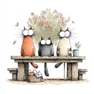 May include: Whimsical illustration of three cartoon cats with large eyes sitting on a wooden picnic table. The cats are orange, gray, and cream-colored. A basket of fruit and a small blue mug with flowers are also on the table. Butterflies and pink blossoms are in the background.