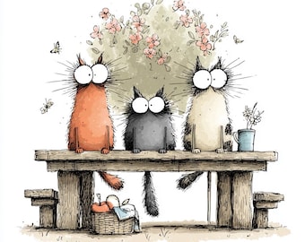 40 Watercolor Quirky Cat Clipart (JPG) : Garden Bench Cats for Digital Crafts & Gifts