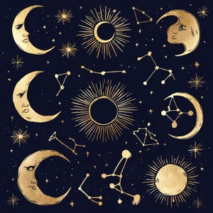以下が含まれることがあります： 暗い青色の背景に金色の天体イラストが描かれています。画像には月、星、星座が描かれています。月は顔があり、三日月形をしています。星は五芒星で、星座は点でつながっています。