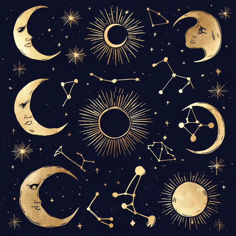 以下が含まれることがあります： 暗い青色の背景に金色の天体イラストが描かれています。画像には月、星、星座が描かれています。月は顔があり、三日月形をしています。星は五芒星で、星座は点でつながっています。