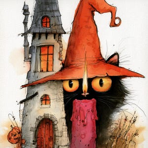 May include: A watercolour illustration featuring a black cat wearing a tall orange pointed hat, positioned next to a tall stone tower with glowing orange windows. A pink candle with a lit flame sits in front of the cat, and a small orange pumpkin is visible.
