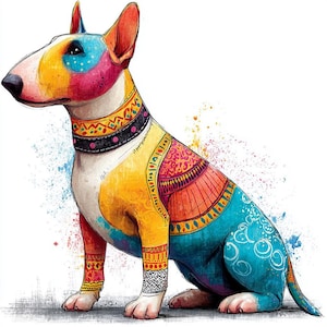 May include: A vibrant illustration of a Bull Terrier dog in a sitting pose. The dog is painted with bright colours including yellow, orange, blue, and pink, with detailed patterns on its body and a black collar. Watercolour splashes enhance the artistic style.