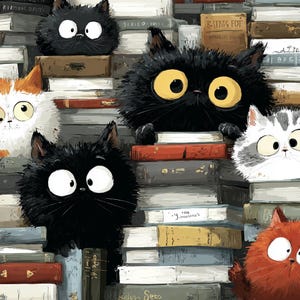 May include: A whimsical illustration features several fluffy cats peeking out from behind stacks of books. The cats are various colors, including black, orange, and gray, with large, expressive eyes. The books are in various colors and sizes.