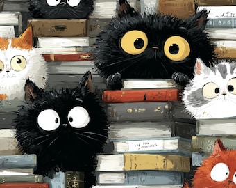 15 Book Lover Cats Clipart JPG – Cats on Stacked Books for Junk Journals & Collage