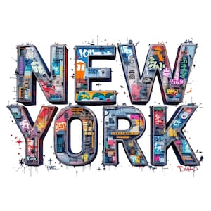 Puede incluir: La palabra "NEW YORK" en estilo grafiti. Cada letra está diseñada individualmente y rellena de arte grafiti colorido, incluyendo etiquetas, murales y detalles arquitectónicos, sobre un fondo blanco.