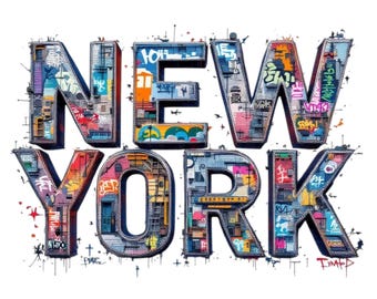 May include: The word "NEW YORK" in a graffiti style, with each letter individually designed. The letters are filled with colorful graffiti art, including tags, murals, and architectural details, set against a white background.