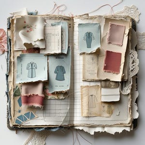 Op de afbeelding: Een open scrapbook met gescheurde papieren pagina's, met stofstalen in roze en crème, en blauwe schetsen van kledingstukken. De pagina's bevatten ook vintage naaipatronen en kanten randen, waardoor een collage-achtige esthetiek ontstaat. Het algemene thema is vintage mode en design.