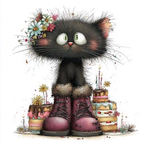 May include: A charming illustration of a black cat with a floral crown and burgundy boots. The cat stands before two birthday cakes with lit candles, creating a festive scene. The image has a whimsical style.