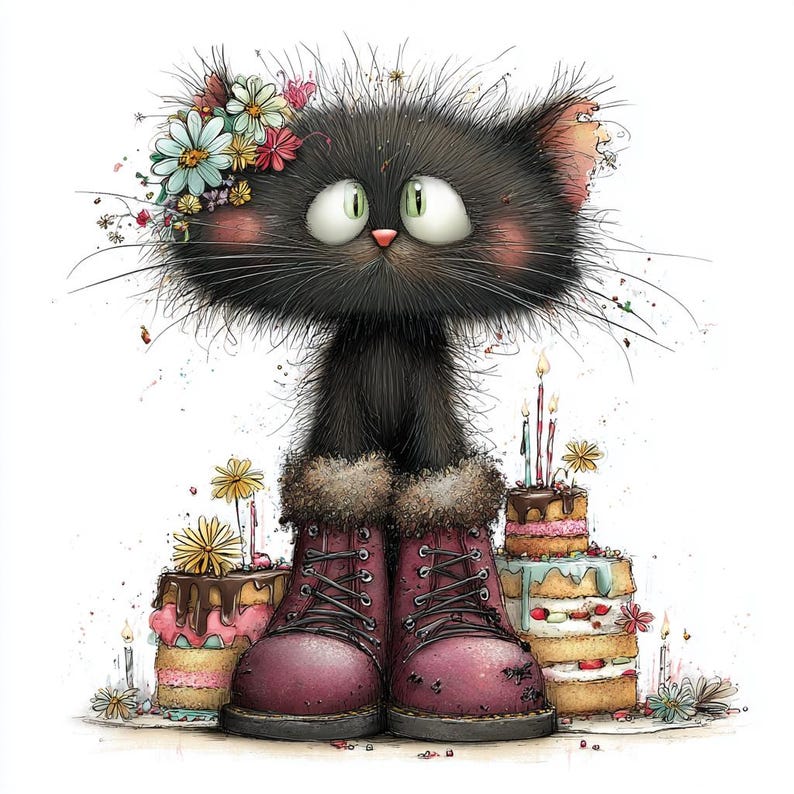 May include: A charming illustration of a black cat with a floral crown and burgundy boots. The cat stands before two birthday cakes with lit candles, creating a festive scene. The image has a whimsical style.