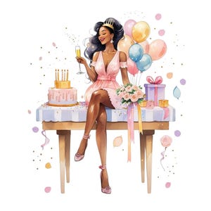 15 Birthday Girl Clipart , Printable Watercolor Party Girl Clip Art – Crown, Balloons, Cake & Champagne – High-Quality JPGs for Cards Crafts