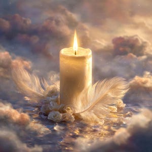 Könnte beinhalten: Eine brennende, elfenbeinfarbene Säulenkerze mit sanftem Schein, vor einem verträumten, wolkengefüllten Hintergrund. Zwei große, weiße Federn und kleine weiße Blumen umgeben die Basis der Kerze und schaffen eine ruhige und ätherische Szene.