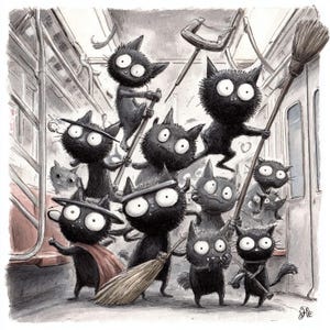 K&ouml;nnte beinhalten: Eine schwarz-wei&szlig;e Illustration zeigt eine Gruppe schwarzer Katzen in einer U-Bahn-Wagen. Die Katzen, mit gro&szlig;en Augen und verschiedenen Accessoires, halten Besen und andere Werkzeuge. Das Kunstwerk ist im Cartoon-Stil gehalten.
