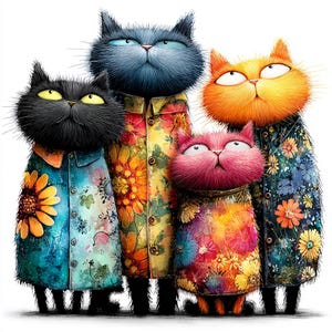 Pode incluir: Uma ilustra&ccedil;&atilde;o fantasiosa de cinco gatos antropom&oacute;rficos. Cada gato tem uma cor diferente: preto, azul, laranja, rosa e amarelo. Eles usam camisas abotoadas com estampas florais. Os gatos t&ecirc;m rostos expressivos e est&atilde;o juntos.