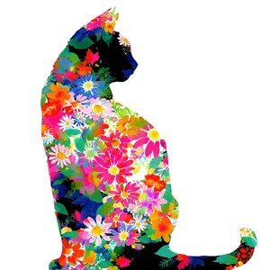 May include: A black silhouette of a sitting cat filled with a vibrant floral pattern. The flowers are in shades of pink, orange, yellow, and blue, creating a colorful and eye-catching design. The cat's outline is clearly defined against a white background.