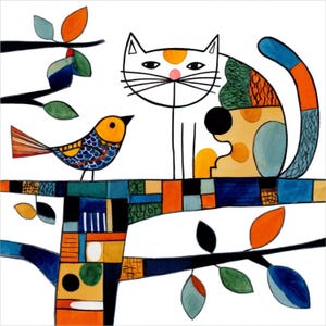 May include: A whimsical illustration of a white cat with a black outline, perched on a branch with a colorful bird. The cat has a pink nose and orange spot on its head. The bird is yellow and blue. The tree and branch are decorated with geometric shapes.