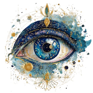 Op de afbeelding: Waterverfillustratie van een oog met een hemels thema. Het oog is helderblauw met gouden accenten, omgeven door sterrenbeelden en kosmische elementen. Het kunstwerk heeft een gedetailleerde iris en een donkerblauwe pupil, tegen een witte achtergrond.