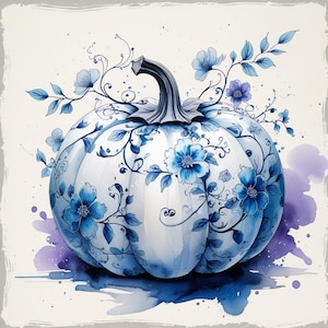 12 Toile Pumpkins Clipart Blue Chinoiserie Autumn Art , Colorful Watercolor Clip Art , Junk Journaling , Printable Cliparts , Scrapbooking