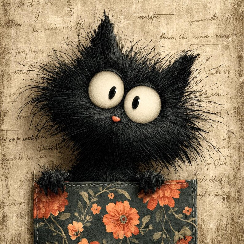 May include: A whimsical illustration of a black cat with large, expressive eyes and a small pink nose. The cat is emerging from a pocket decorated with orange floral patterns on a dark background. The background has a vintage, handwritten script.