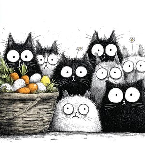 May include: A whimsical illustration features a group of cartoon cats with large, expressive eyes. They surround a woven basket filled with carrots, eggs, and greenery. The cats are primarily black and white, with a few gray cats, and a simple flower.
