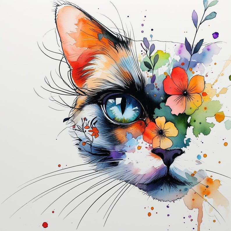 May include: A watercolour painting of a cat's face, featuring a blue eye and a mix of orange, black, and white fur. The artwork incorporates colourful flowers and watercolour splashes. Long whiskers extend from the nose.