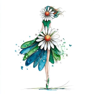 以下が含まれることがあります： 大きなデイジーの花で飾られた緑色のドレスを着た人物の水彩イラスト。ドレスは、緑と青の重なり合った花びらのようなディテールが特徴です。人物の髪は緑、青、オレンジが混ざっています。緑色のバレエシューズがルックを完成させています。