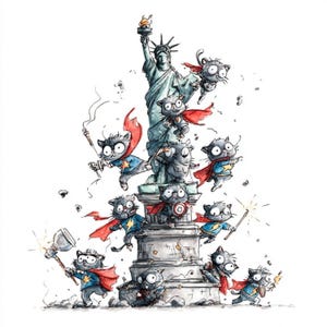 K&ouml;nnte beinhalten: Verspielte Illustration von Superhelden-Katzen mit Umh&auml;ngen und Emblemen, die die Freiheitsstatue umgeben. Die Katzen sind in verschiedenen Action-Posen dargestellt, halten Werkzeuge und Waffen, mit einem detaillierten, cartoonartigen Stil.