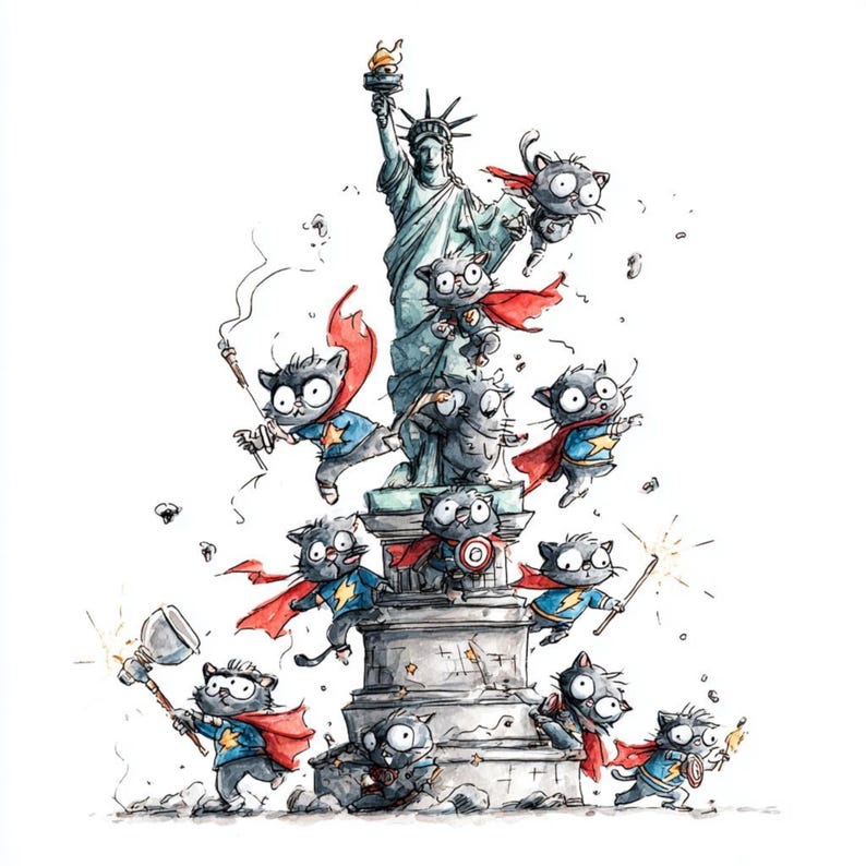 K&ouml;nnte beinhalten: Verspielte Illustration von Superhelden-Katzen mit Umh&auml;ngen und Emblemen, die die Freiheitsstatue umgeben. Die Katzen sind in verschiedenen Action-Posen dargestellt, halten Werkzeuge und Waffen, mit einem detaillierten, cartoonartigen Stil.