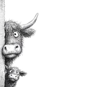 Könnte beinhalten: Schwarz-Weiß-Illustration von zwei Highland-Rindern, die hinter einem Baumstamm hervorlugen. Das obere Rind hat ein großes Horn und große Augen, während das kleinere Rind darunter einen besorgten Gesichtsausdruck hat. Die Kunst ist detailliert und skurril.