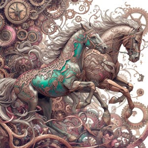 May include: An artistic rendering of two horses in a steampunk style. The horses are adorned with intricate metalwork and teal and gold accents. The background is filled with gears and clockwork elements, creating a fantasy theme.