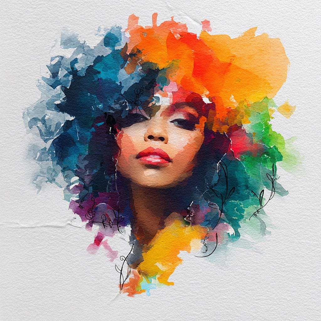 黒人女性の水彩画クリップアート：カラフルな肖像画イラスト（デジタル