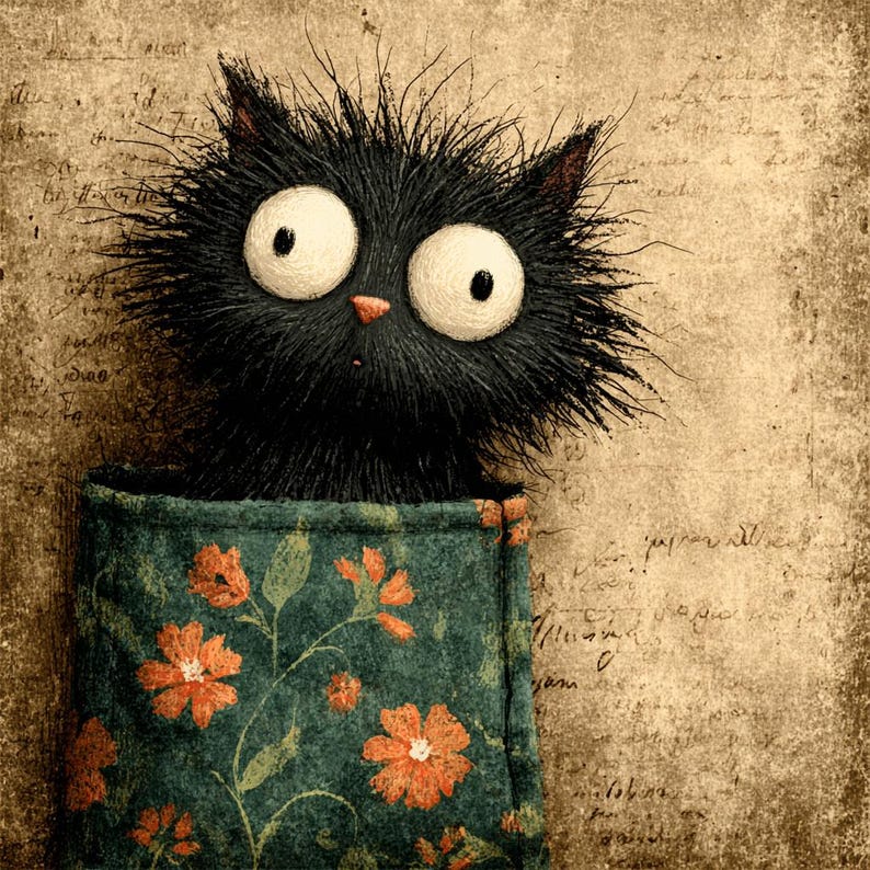 May include: A whimsical illustration of a black cat with large, expressive eyes. The cat has a fluffy, unkempt appearance and is nestled in a teal pocket adorned with orange floral patterns. The background has a vintage, textured look.