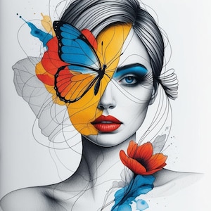 May include: A watercolor portrait of a woman with a butterfly design. The butterfly has blue and orange wings, and is positioned over the woman's face. The woman has red lips, blue eyeshadow, and a flower on her shoulder.