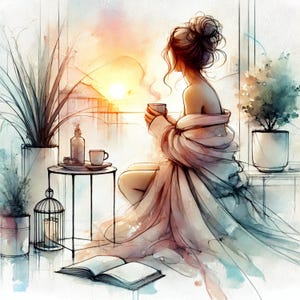 Manhã aconchegante, linda garota, 12 clipart em aquarela para impressão, imagens de arte linear, download digital, artesanato em papel, diário de lixo, impressão de arte de parede