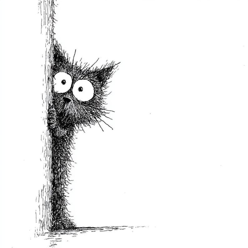 May include: A black and white illustration of a cat peeking around a corner. The cat has large, wide eyes and a startled expression. The artwork is detailed with a textured, sketchy style.