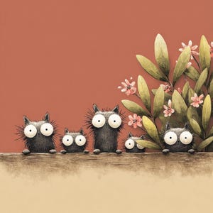 K&ouml;nnte beinhalten: Eine Illustration zeigt f&uuml;nf Cartoon-Katzen mit gro&szlig;en, ausdrucksstarken Augen, die &uuml;ber eine Holzleiste blicken. Die Katzen sind dunkelgrau mit stacheligem Fell, der Hintergrund ist ein warmes, r&ouml;tlich-braunes mit gr&uuml;nen Bl&auml;ttern und rosa Bl&uuml;ten.