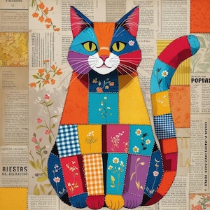 Op de afbeelding: Illustratie van een kleurrijke patchwork kat. De kat heeft een levendige mix van oranje, blauwe, gele en paarse patches. De achtergrond is een collage van vintage krantenknipsels en bloemaccenten, wat een grillig ontwerp creëert.