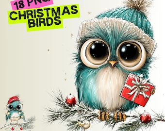 18 Christmas Bird Clipart Set: Watercolor Holiday PNG Images for crafters