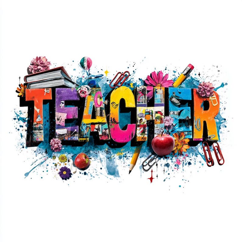 May include: Colorful artwork spelling out the word "TEACHER" with various school-related elements. The letters are filled with images and surrounded by paint splatters, flowers, apples, pencils, and paperclips. A book and a small hot air balloon are also included.
