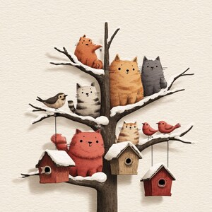 K&ouml;nnte beinhalten: Eine skurrile Illustration eines Baumes mit Cartoon-Katzen und V&ouml;geln auf verschneiten &Auml;sten. Die Katzen sind in verschiedenen Farben, darunter Orange, Grau und Rot. Kleine Vogelh&auml;user h&auml;ngen an den &Auml;sten und tragen zur winterlichen Szene bei.