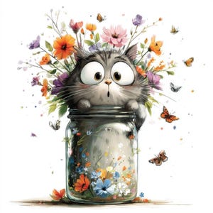 May include: A whimsical illustration of a gray tabby cat peeking out of a glass jar filled with colorful flowers. The cat has large, expressive eyes and is surrounded by butterflies and vibrant blooms in orange, pink, and purple.
