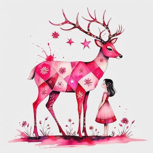 May include: Watercolor illustration of a pink deer with floral accents and a patchwork design. A young girl in a pink dress stands nearby, surrounded by pink flowers and stars. The deer's antlers are adorned with floral patterns.