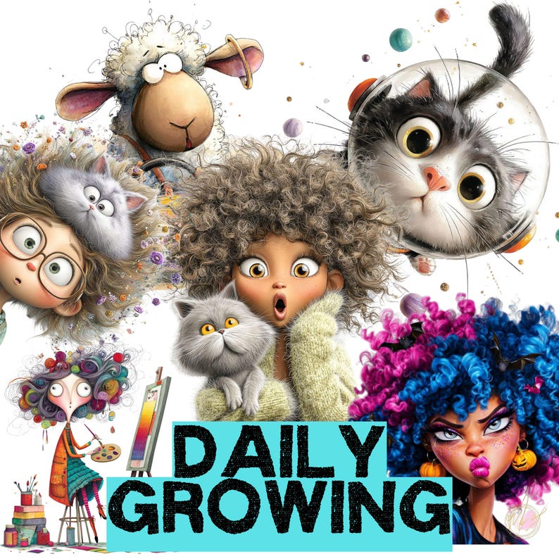 May include: A vibrant illustration with cartoon characters, including a sheep, cats, and a girl with curly hair. The image has the text "DAILY GROWING" in bold black letters on a light blue background. The style is colourful and playful.