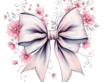 Pink Ribbon Bow Clipart: Floral Watercolor PNG (Digital Download)