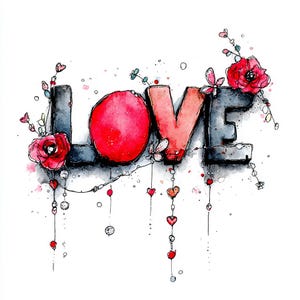 Op de afbeelding: Waterverfillustratie van het woord "LOVE" in grijs en rood, versierd met rode rozen, kleine hartjes en decoratieve elementen. Het kunstwerk heeft een romantische en artistieke uitstraling, perfect voor Valentijnsdag of als cadeau.