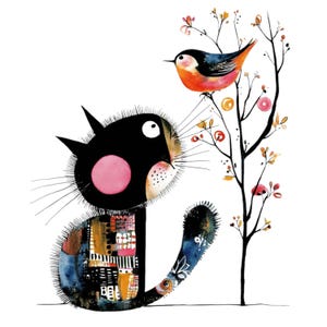 May include: Whimsical watercolor illustration of a black cat with a pink cheek and a colorful patchwork design on its body. A vibrant orange, blue, and white bird perches on a tree branch with small red and yellow accents. The artwork is set against a white background.