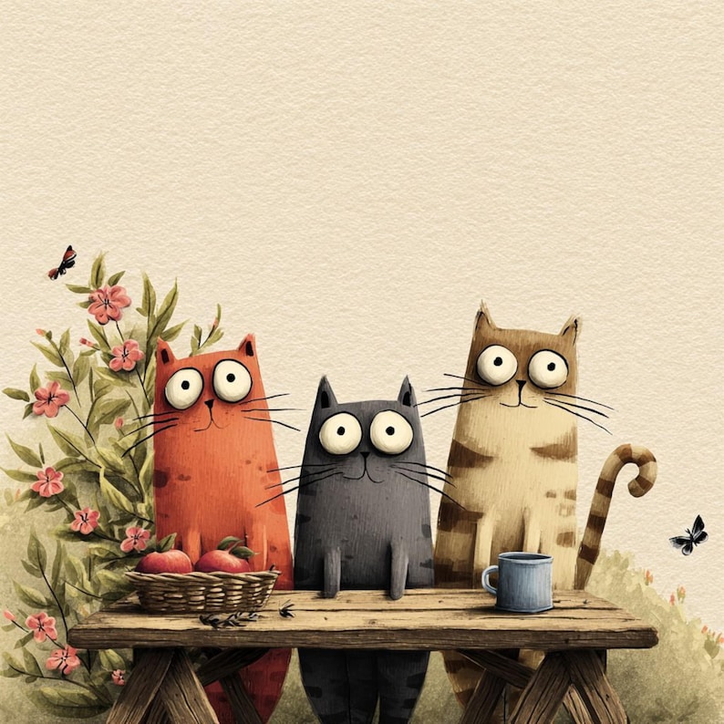 K&ouml;nnte beinhalten: Eine skurrile Illustration zeigt drei Zeichentrickkatzen mit gro&szlig;en Augen. Die Katzen in Orange, Grau und Braun sitzen an einem Picknicktisch aus Holz. Ein Korb mit roten &Auml;pfeln und eine blaue Tasse befinden sich ebenfalls auf dem Tisch, mit Blumen und Schmetterlingen im Hintergrund.