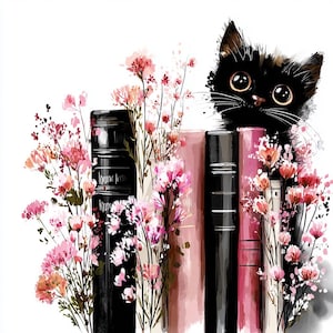 以下が含まれることがあります： 本の上に顔を出す黒猫のイラスト。本は黒とピンクの色合いで、ピンクの花と葉が描かれています。猫は大きく、表情豊かな目をしています。