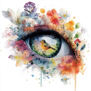 May include: Watercolor painting of an eye with a vibrant, floral design. The iris is a deep green, reflecting a small bird. The surrounding flowers are in shades of orange, pink, purple, and white, creating a colorful and artistic composition.