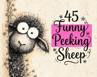 45 Funny Sheep Sketch Clipart (JPG) : Quirky Peeking Doodle Art for Crafters & Digital Gifts