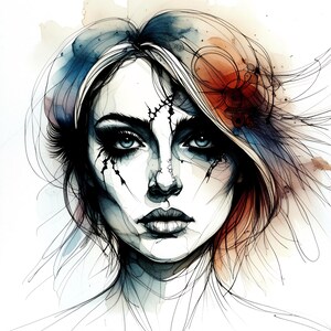 12 Gothic Frau Gesicht Clipart - abstraktes Aquarell Damen Porträt, weibliche Linie Kunst für druckbare Wanddekoration, Papierbasteln & Junk Journals